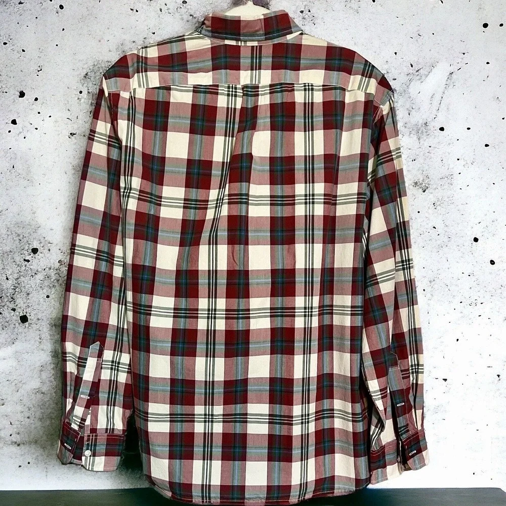 J Crew Men's Button Down Shirt L Red‎ Blue Black White Plaid 100% Cotton